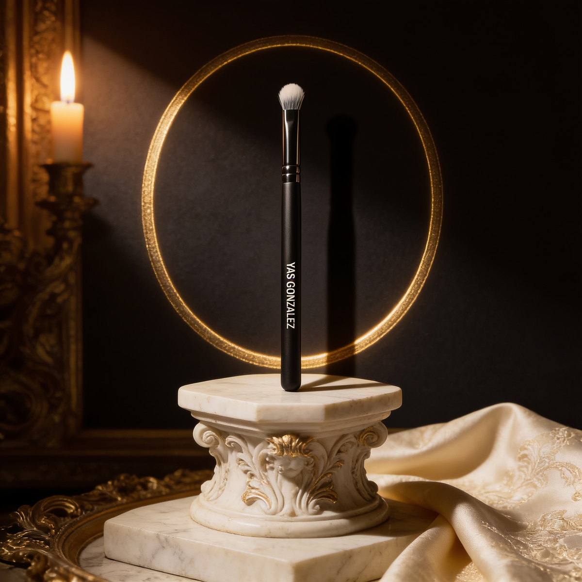 Mini Crease Brush on an ivory marble plinth in Baroque candlelight