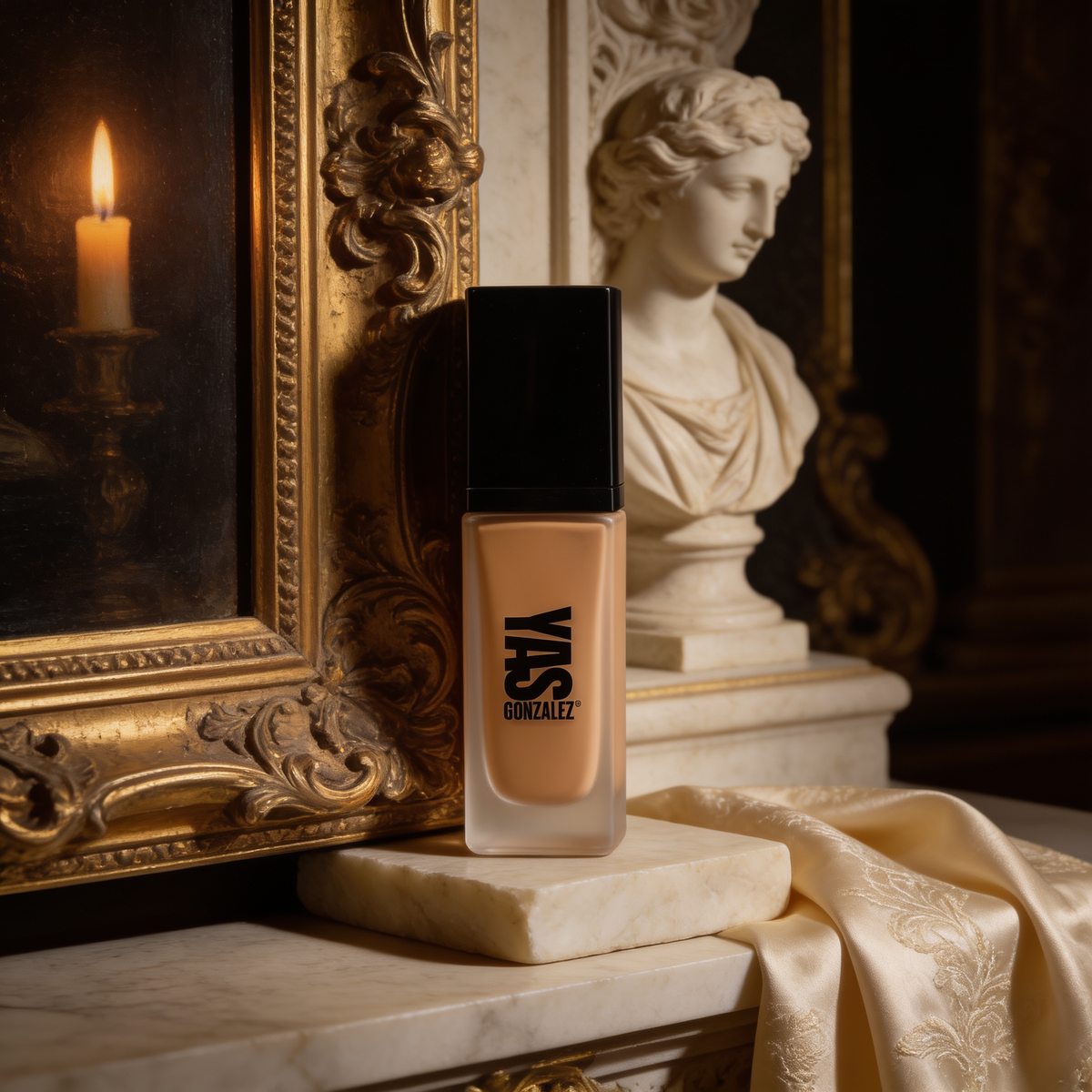 Liquid Foundation on an alabaster slab beside a gilded frame corner