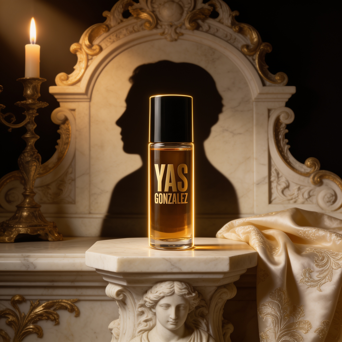 Makeup Remover Solution on an ivory marble plinth in Baroque candlelight