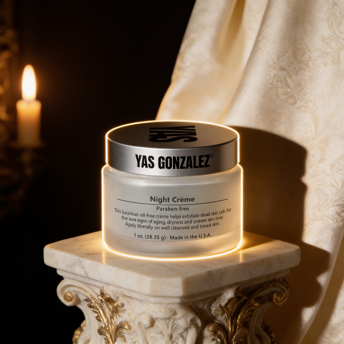 Night Renewal Creme on an ivory marble plinth in Baroque candlelight