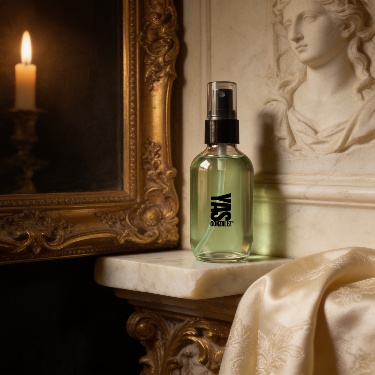 Setting Spray on an alabaster slab beside a gilded frame corner