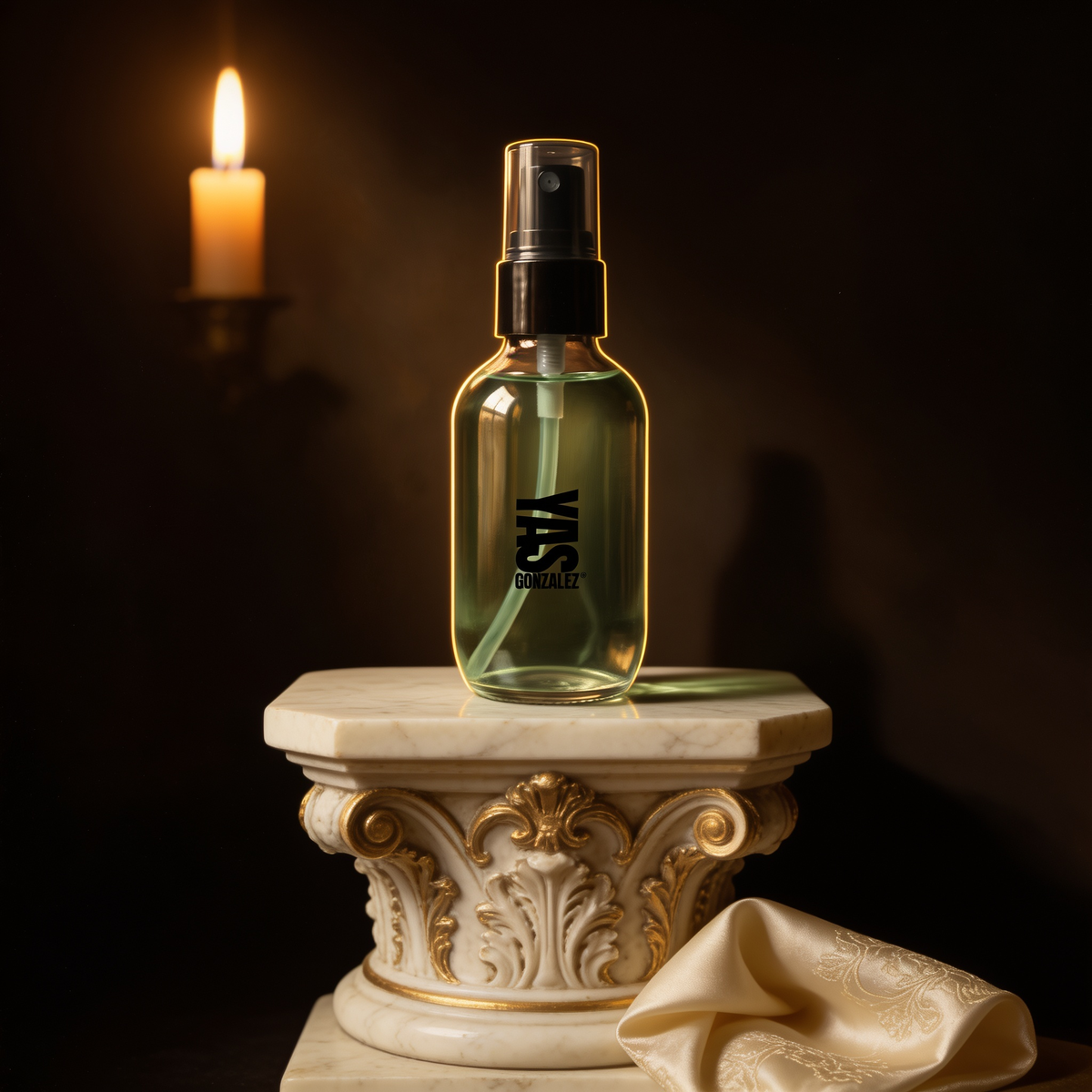 Setting Spray on an ivory marble plinth in Baroque candlelight