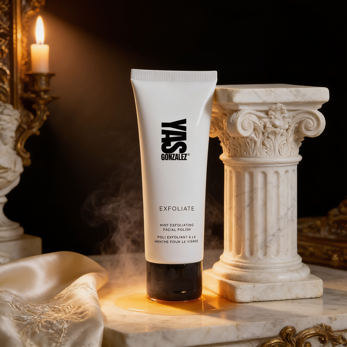 Mint Exfoliating Facial Polish beside a marble column fragment