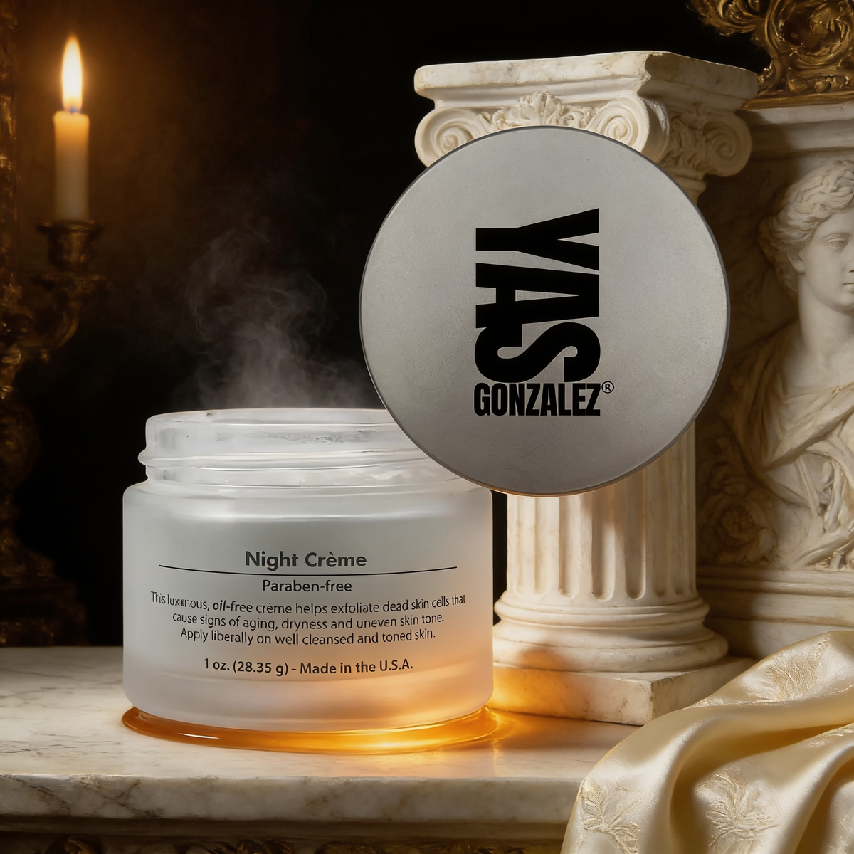 Night Renewal Creme beside a marble column fragment
