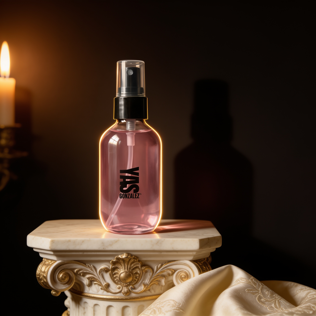 Oil Control Setting Spray on an ivory marble plinth in Baroque candlelight