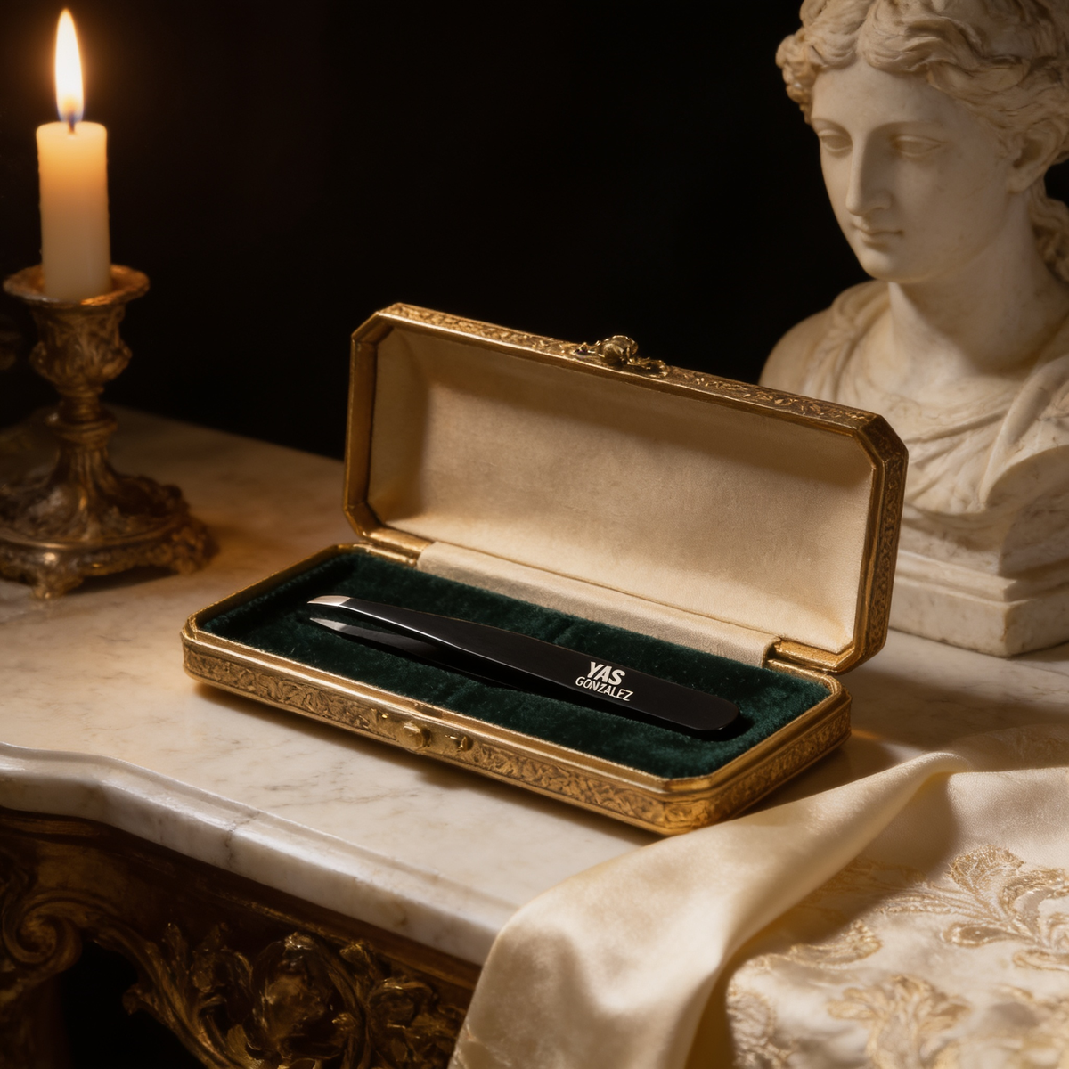 Precision Tweezers in a gilded presentation box on green velvet