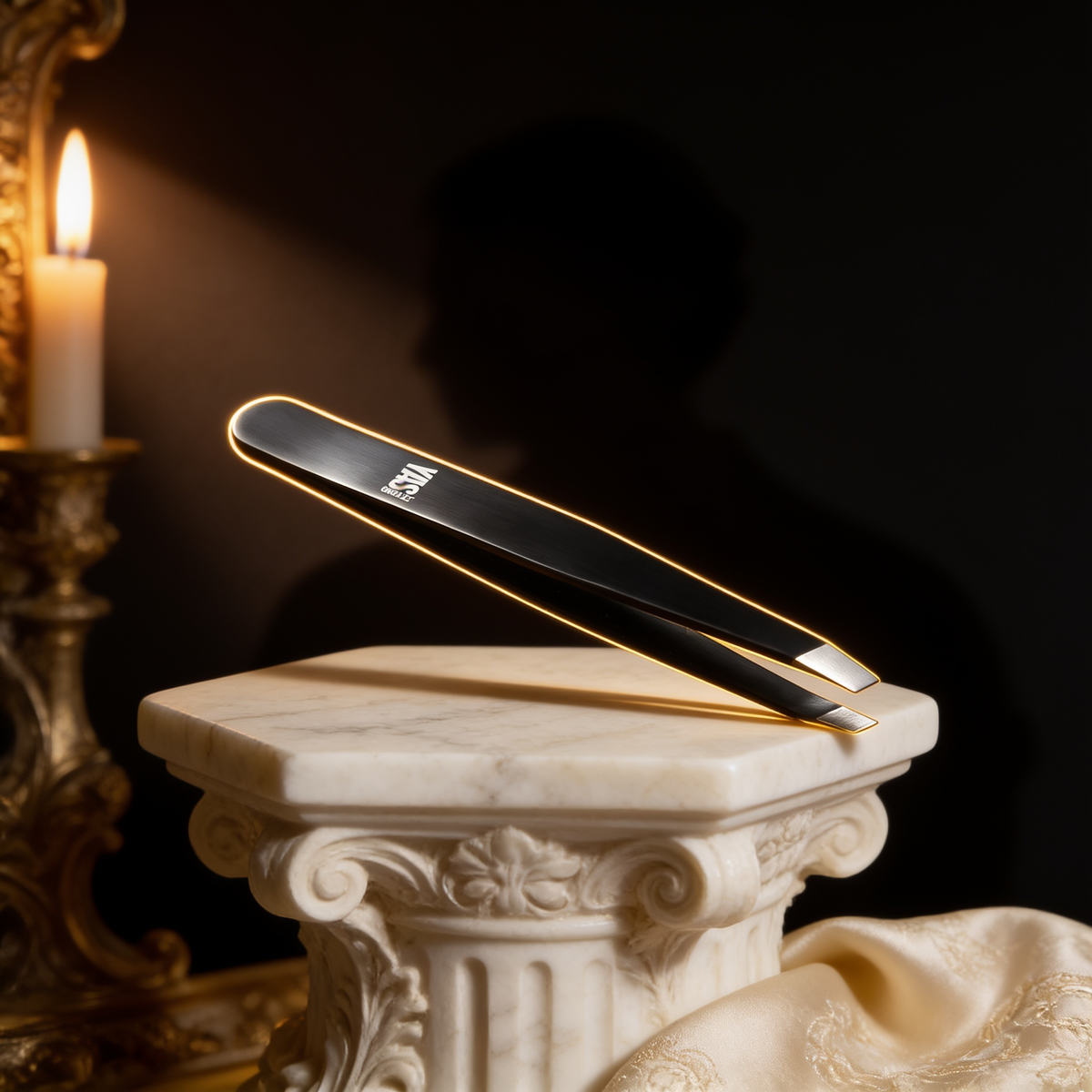 Precision Tweezers on an ivory marble plinth in Baroque candlelight