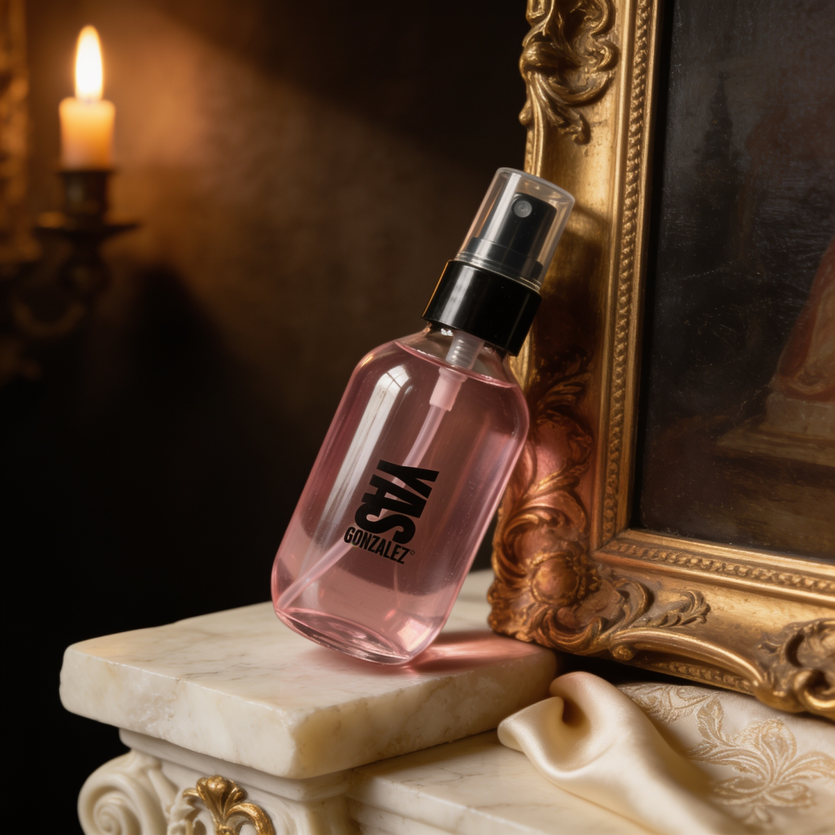Oil Control Setting Spray on an alabaster slab beside a gilded frame corner
