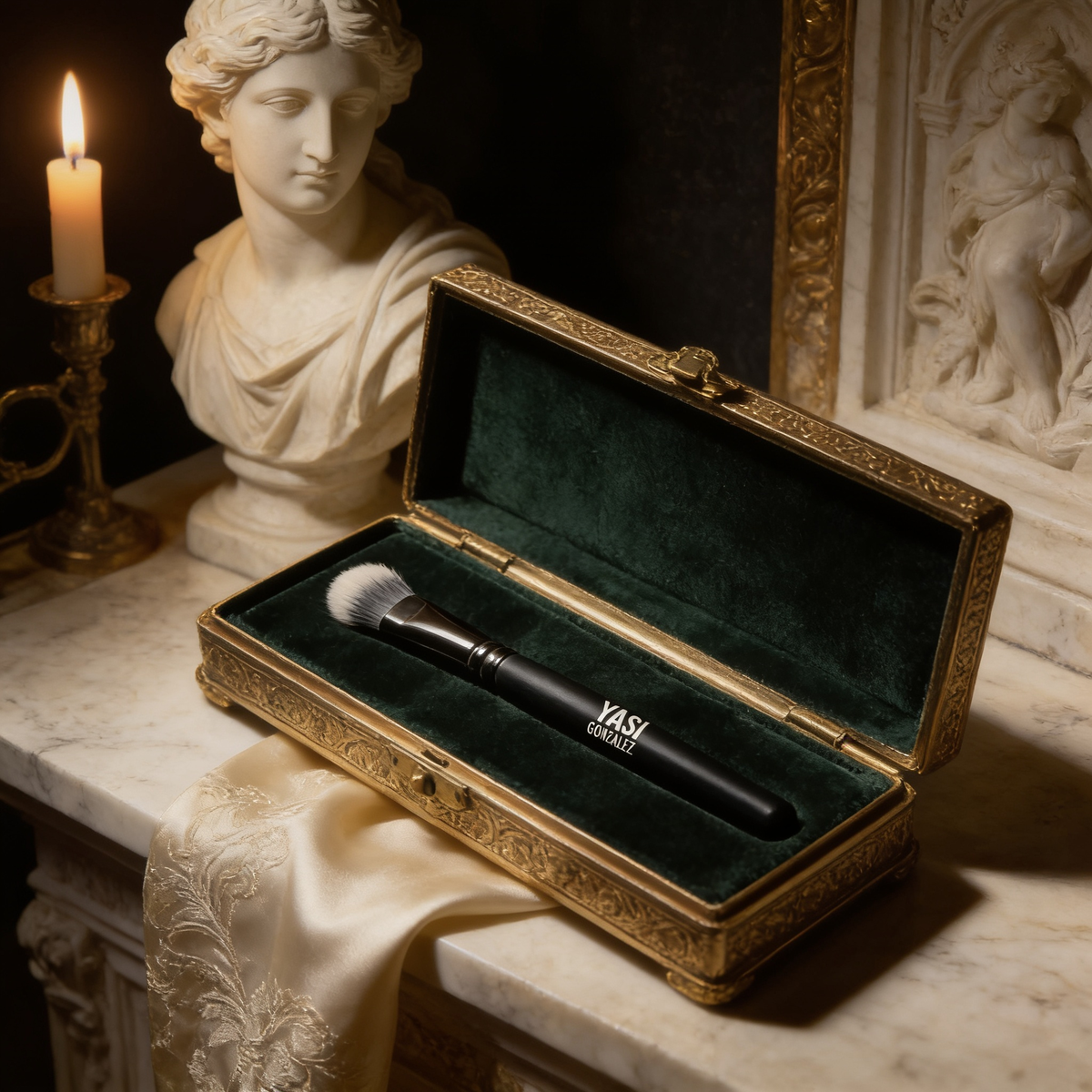 Packing Eye Brush in a gilded presentation box on green velvet