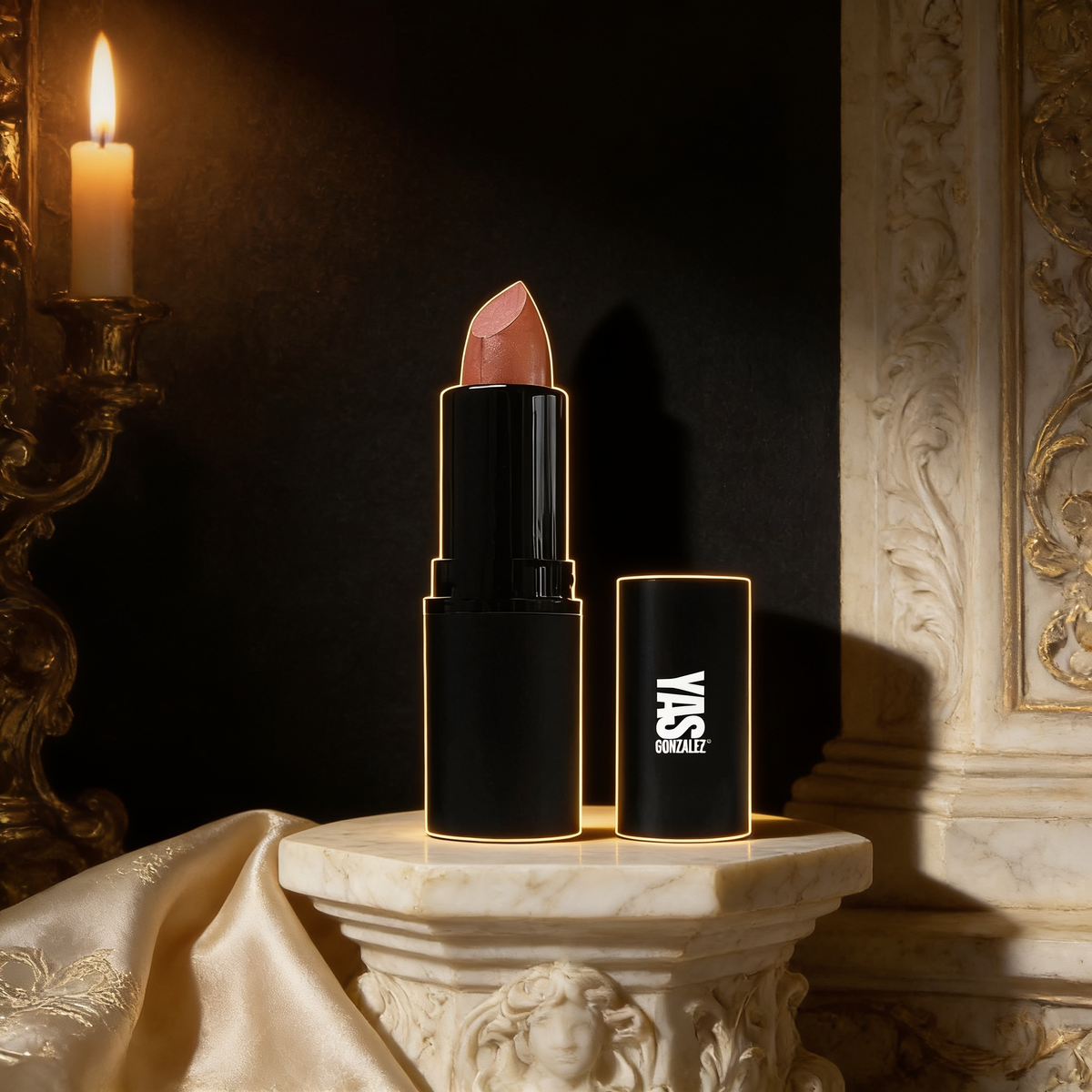 Lipstick on an ivory marble plinth in Baroque candlelight