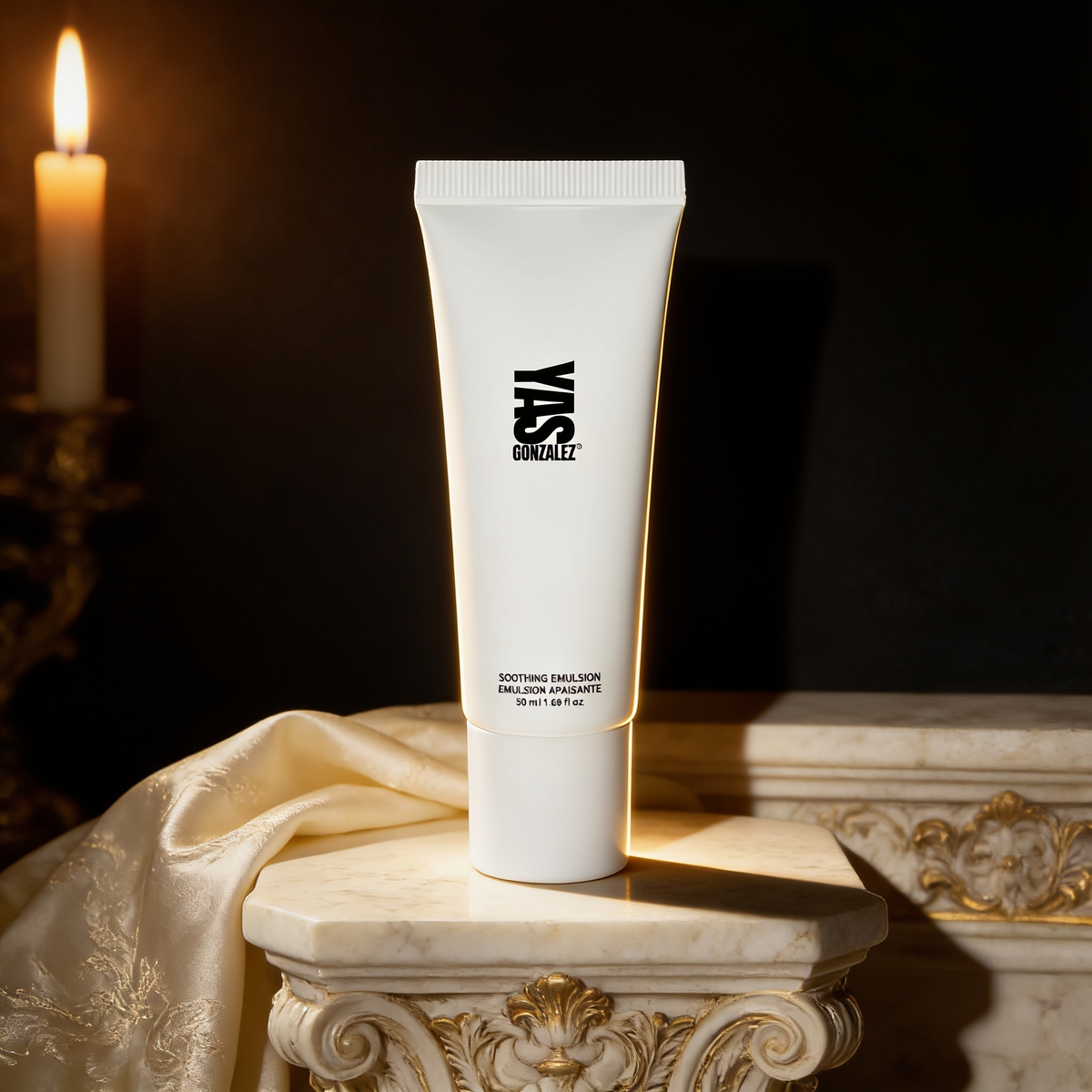 Soothing Emulsion on an ivory marble plinth in Baroque candlelight