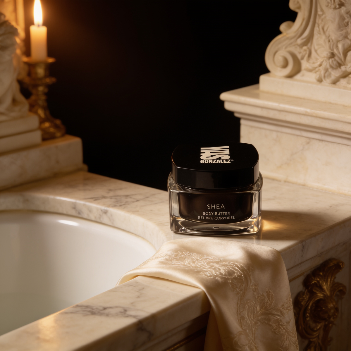 Shea Body Butter on a veined marble bath ledge, warm light
