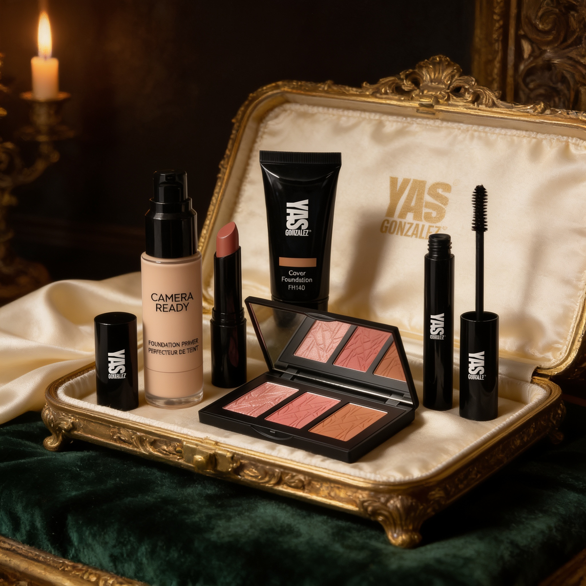 The six-step routine arranged in an open gilded presentation case on green velvet