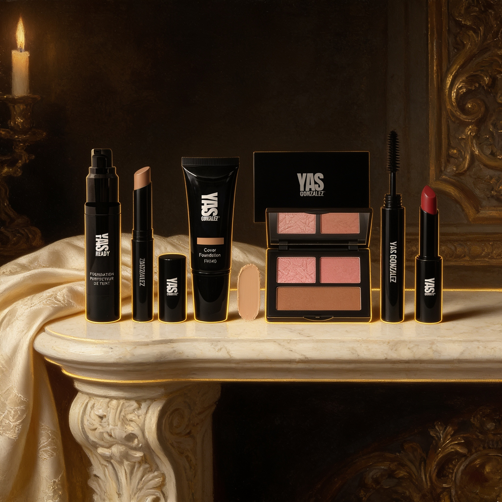 The Camera-Ready 6-Step Routine: primer, concealer, foundation, cheek palette, mascara and lipstick on ivory marble