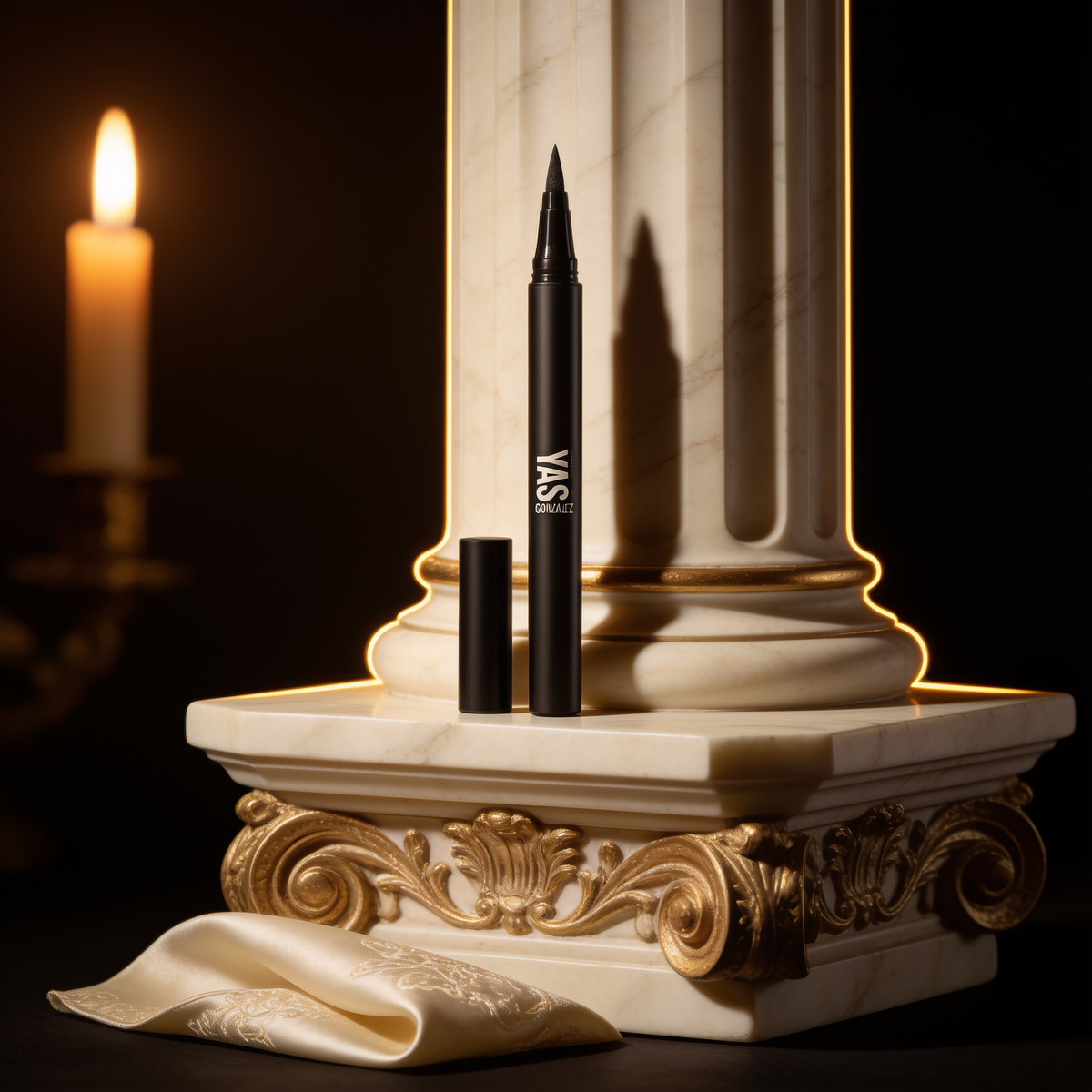 Dual Tip Eye Definer Pen on an ivory marble plinth in Baroque candlelight